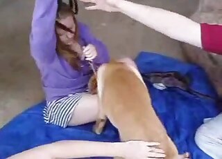 Purple get-up babe lets his animal fuck her pink hole on all fours