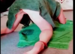 Chubby pig tries to dominate kneeling babe in doggy position