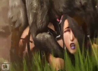Sizzling brunette is vigorously pounded by animated wolf beast