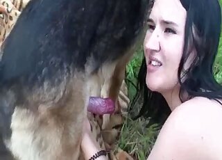 Brunette with tan lines leans in closer to suck on a dog's meaty peen