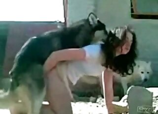 Fun movie showing a brunette in blue that fucks a dog in a retro vid