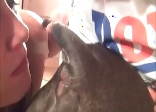 Chubby mature gets naked to show her dog the way to her cunt