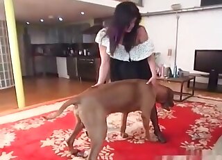 Mature shows affection to her dog and wants to have its cock in pussy