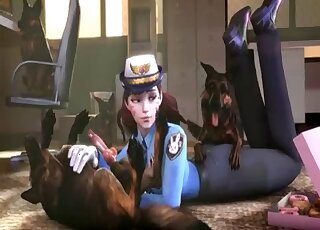 D.Va has two dogs competing for her perfect pussy in a 3D video